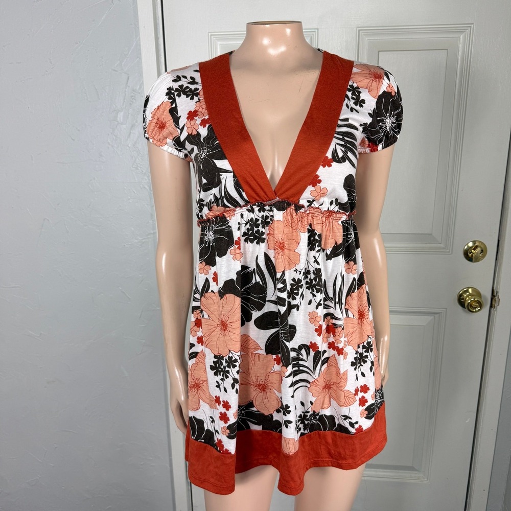 Vintage y2K lola Women's Top M T-Shirt Floral V neck Tunic Stretch Babydoll FF21